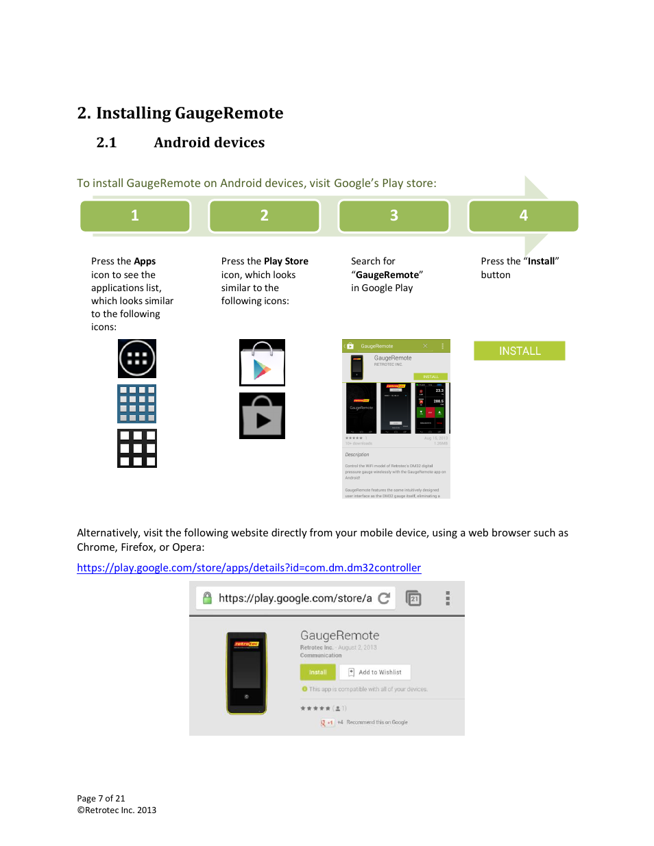 Installing gaugeremote, Android devices | Retrotec DM32 WiFi: GaugeRemote User Manual | Page 7 / 21