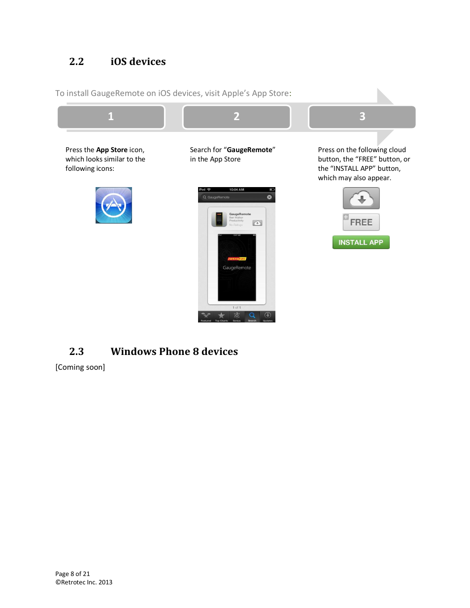 Ios devices, Windows phone 8 devices | Retrotec DM32 WiFi: GaugeRemote User Manual | Page 8 / 21