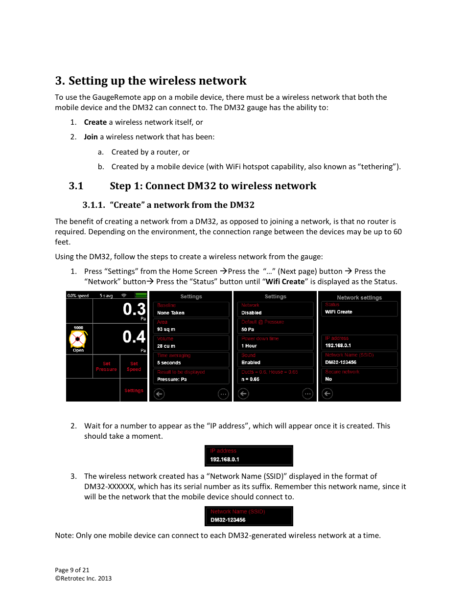 Setting up the wireless network, Step 1: connect dm32 to wireless network, Create” a network from the dm32 | 1 step 1: connect dm32 to wireless network | Retrotec DM32 WiFi: GaugeRemote User Manual | Page 9 / 21