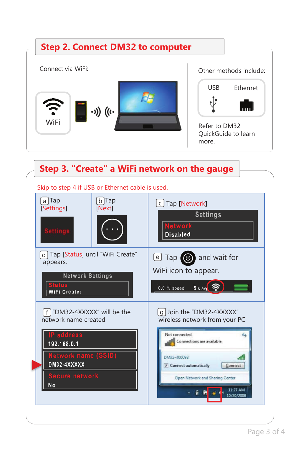 Step 2. connect dm32 to computer, Step 3. “create” a wifi network on the gauge | Retrotec DM32 WiFi: Virtual Gauge User Manual | Page 3 / 5