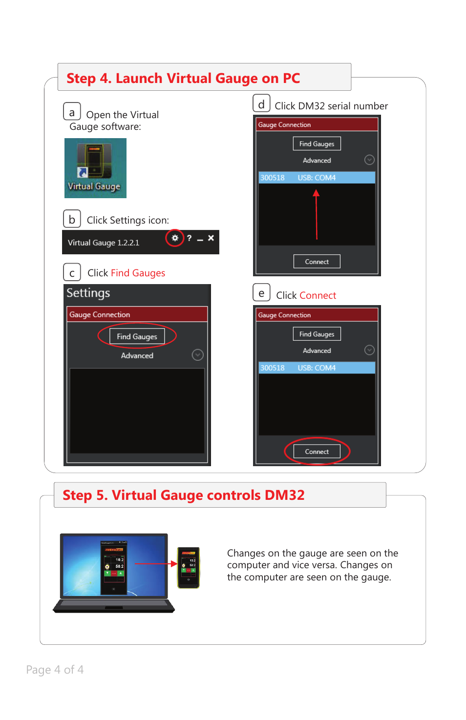 Step 4. launch virtual gauge on pc, Step 5. virtual gauge controls dm32 | Retrotec DM32 WiFi: Virtual Gauge User Manual | Page 4 / 5
