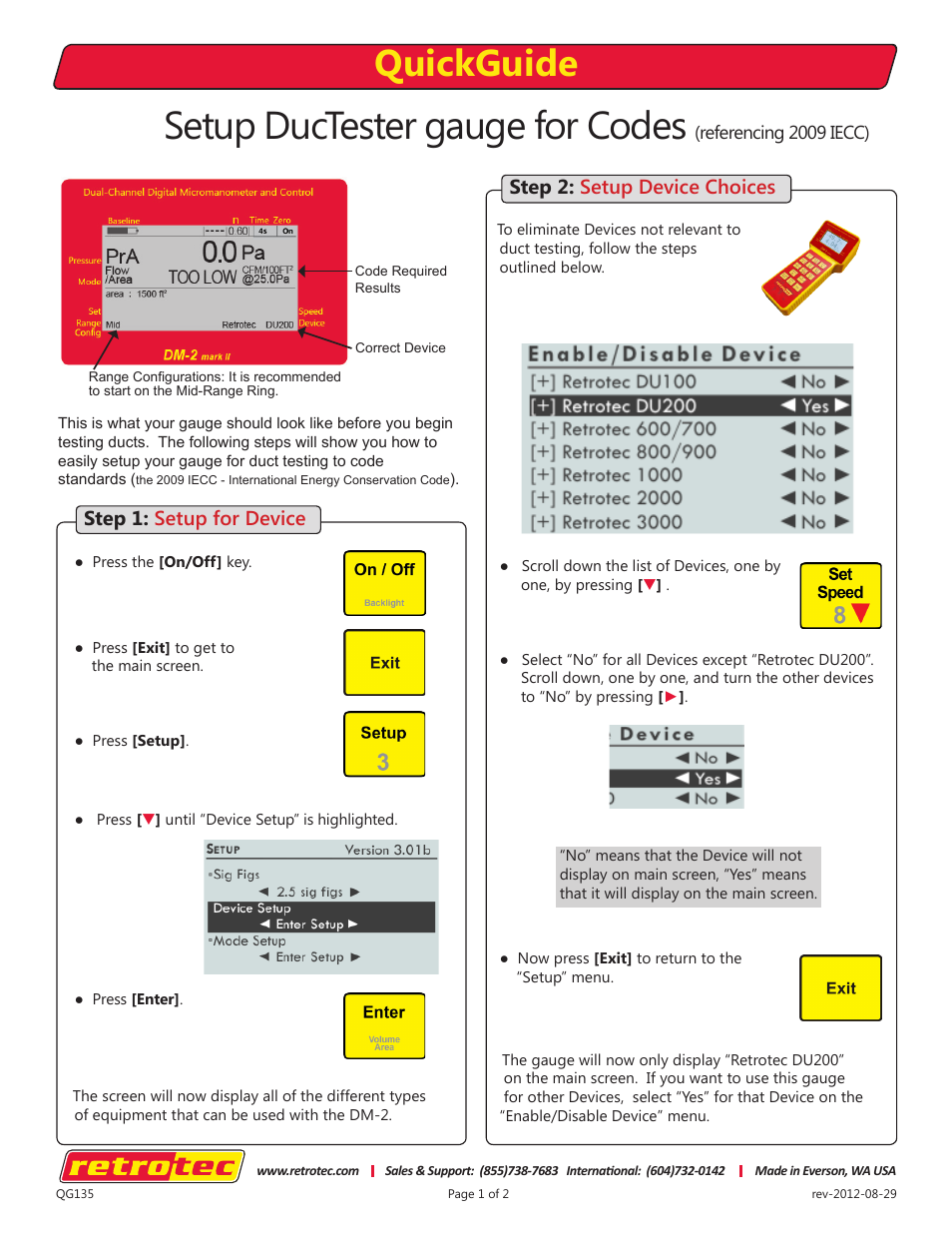 Retrotec DM-2 DucTester setup for Codes User Manual | 2 pages