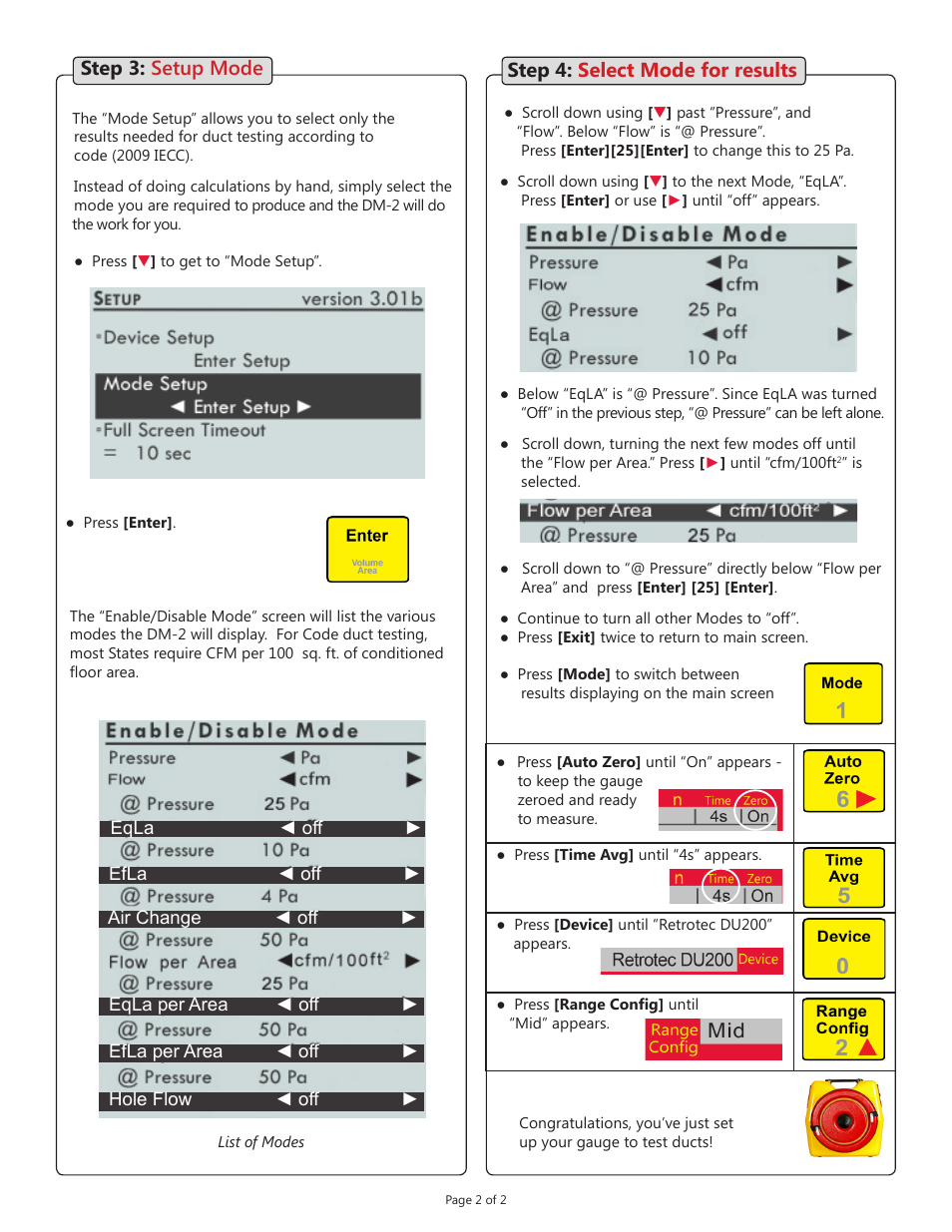 Step 4: select mode for results step 3: setup mode | Retrotec DM-2 DucTester setup for Codes User Manual | Page 2 / 2