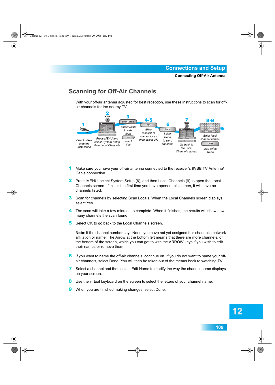 Scanning for off-air channels, Connections and setup | Dish Network DuoDVR ViP 622 User Manual | Page 116 / 154