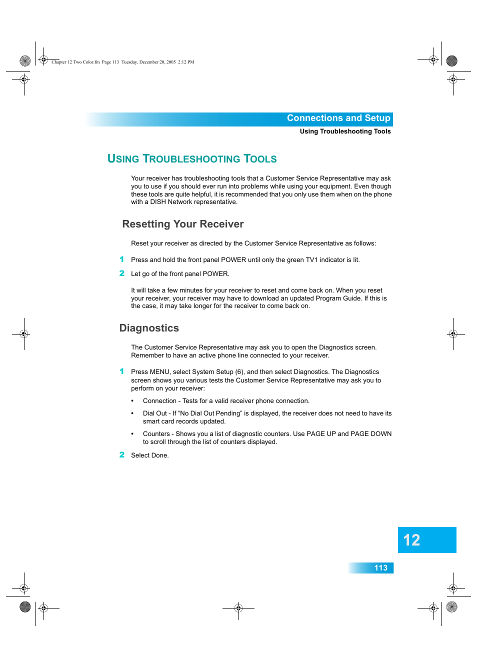 Sing, Roubleshooting, Ools | Resetting your receiver, Diagnostics | Dish Network DuoDVR ViP 622 User Manual | Page 120 / 154