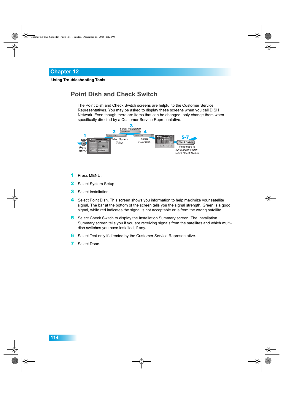 Point dish and check switch, Chapter 12 | Dish Network DuoDVR ViP 622 User Manual | Page 121 / 154