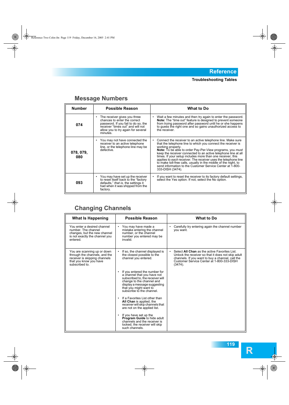 Changing channels, Message numbers, Reference | Dish Network DuoDVR ViP 622 User Manual | Page 126 / 154