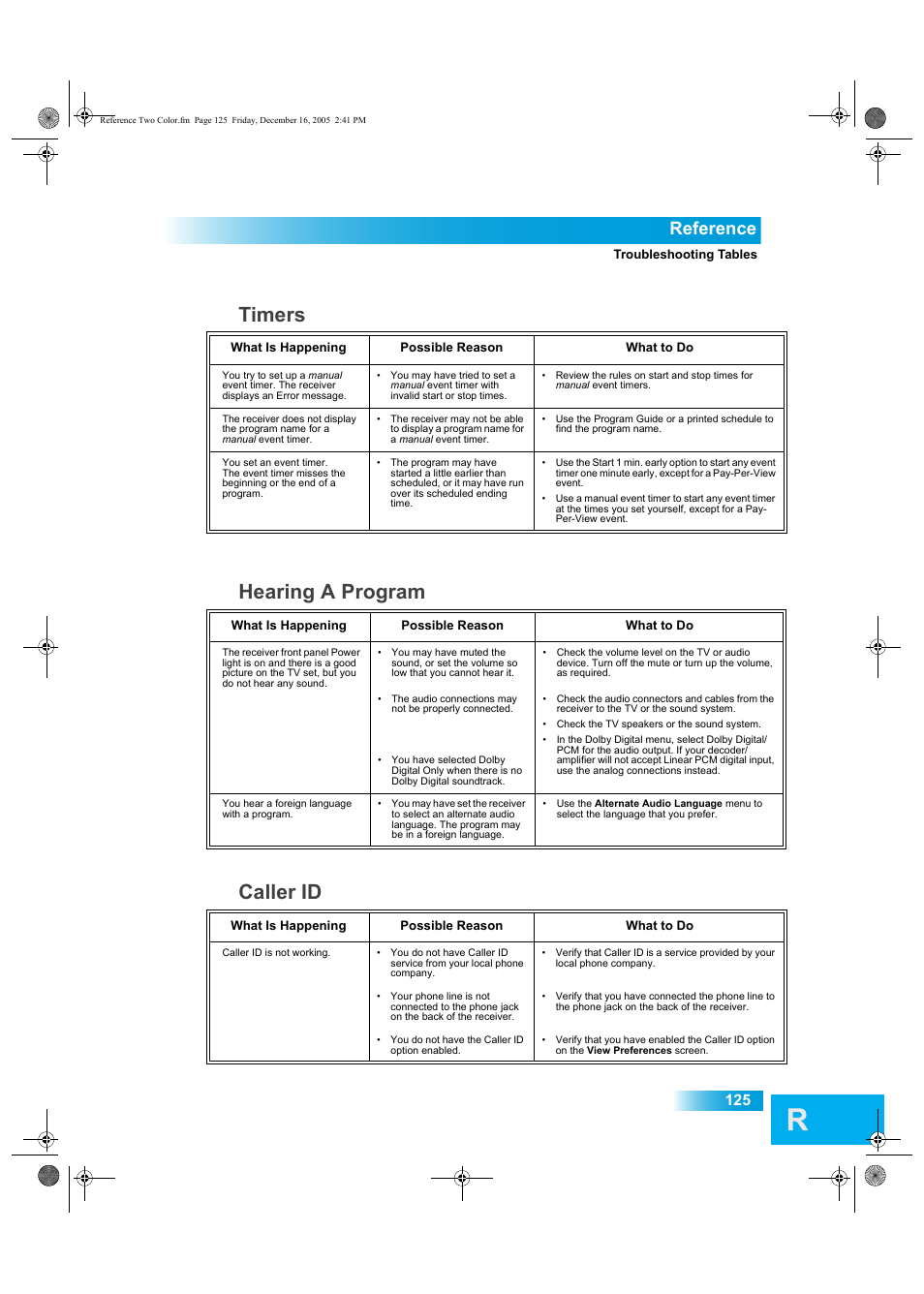 Hearing a program, Caller id, Timers | Reference | Dish Network DuoDVR ViP 622 User Manual | Page 132 / 154