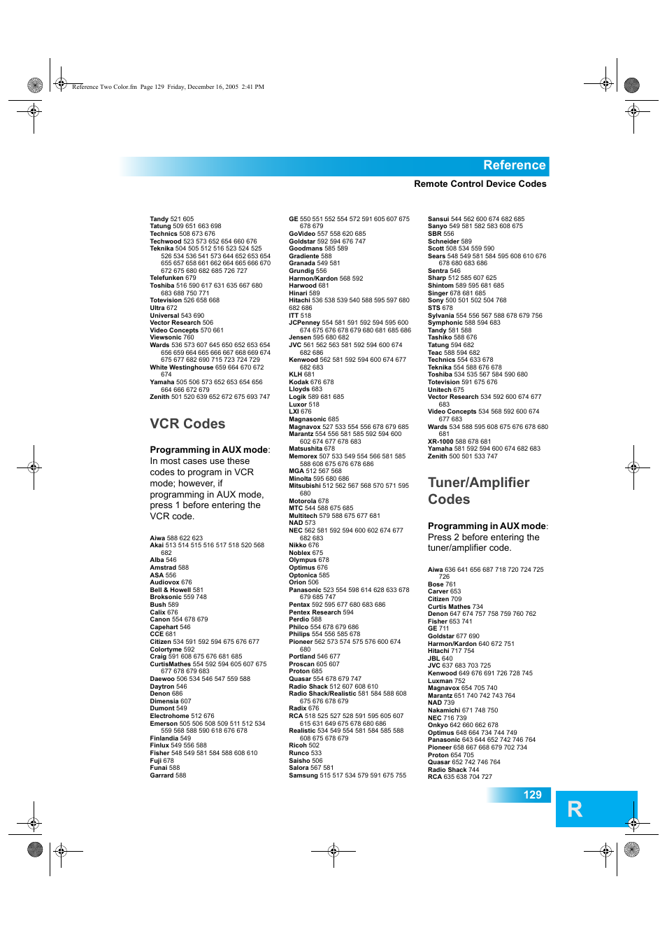 Vcr codes, Tuner/amplifier codes, Reference | Dish Network DuoDVR ViP 622 User Manual | Page 136 / 154