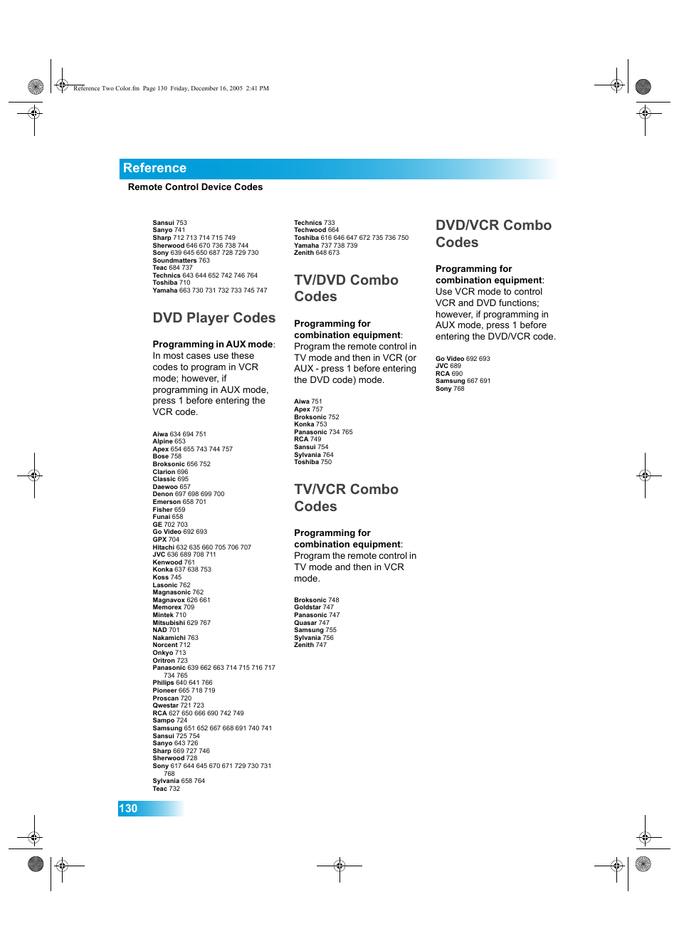 Dvd player codes, Tv/dvd combo codes, Tv/vcr combo codes | Dvd/vcr combo codes, Reference | Dish Network DuoDVR ViP 622 User Manual | Page 137 / 154