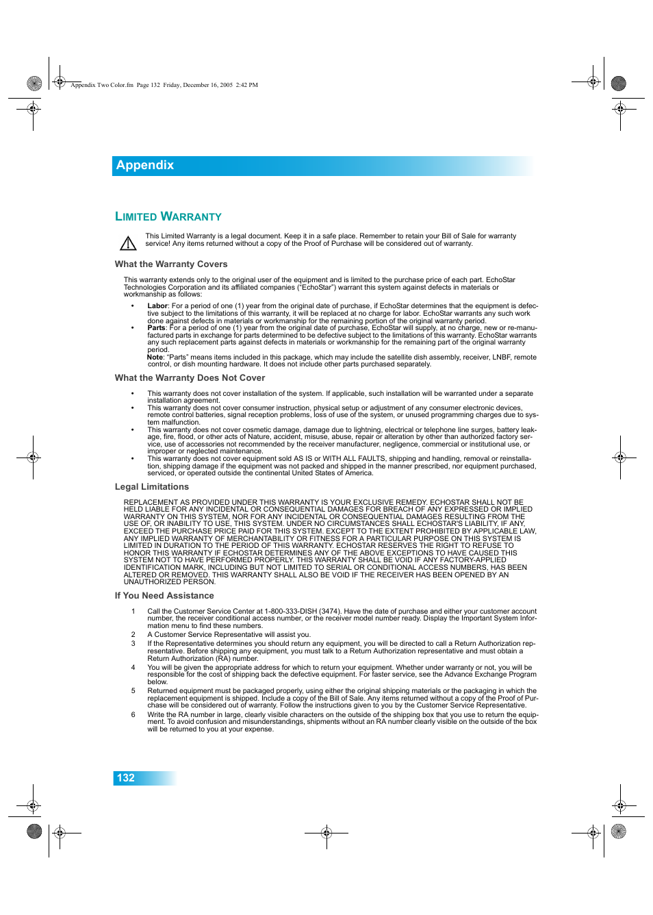 Imited, Arranty, Appendix | Dish Network DuoDVR ViP 622 User Manual | Page 139 / 154