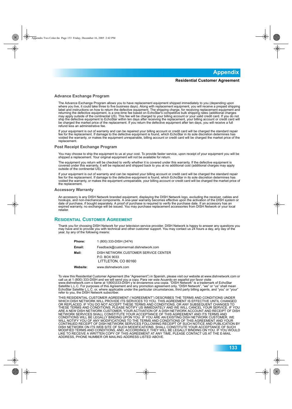 Esidential, Ustomer, Greement | Appendix | Dish Network DuoDVR ViP 622 User Manual | Page 140 / 154