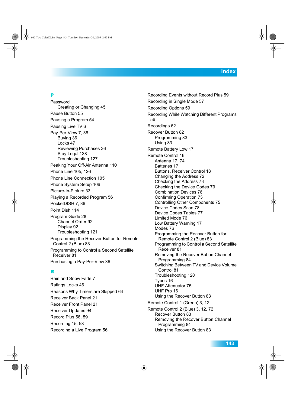 Index | Dish Network DuoDVR ViP 622 User Manual | Page 150 / 154