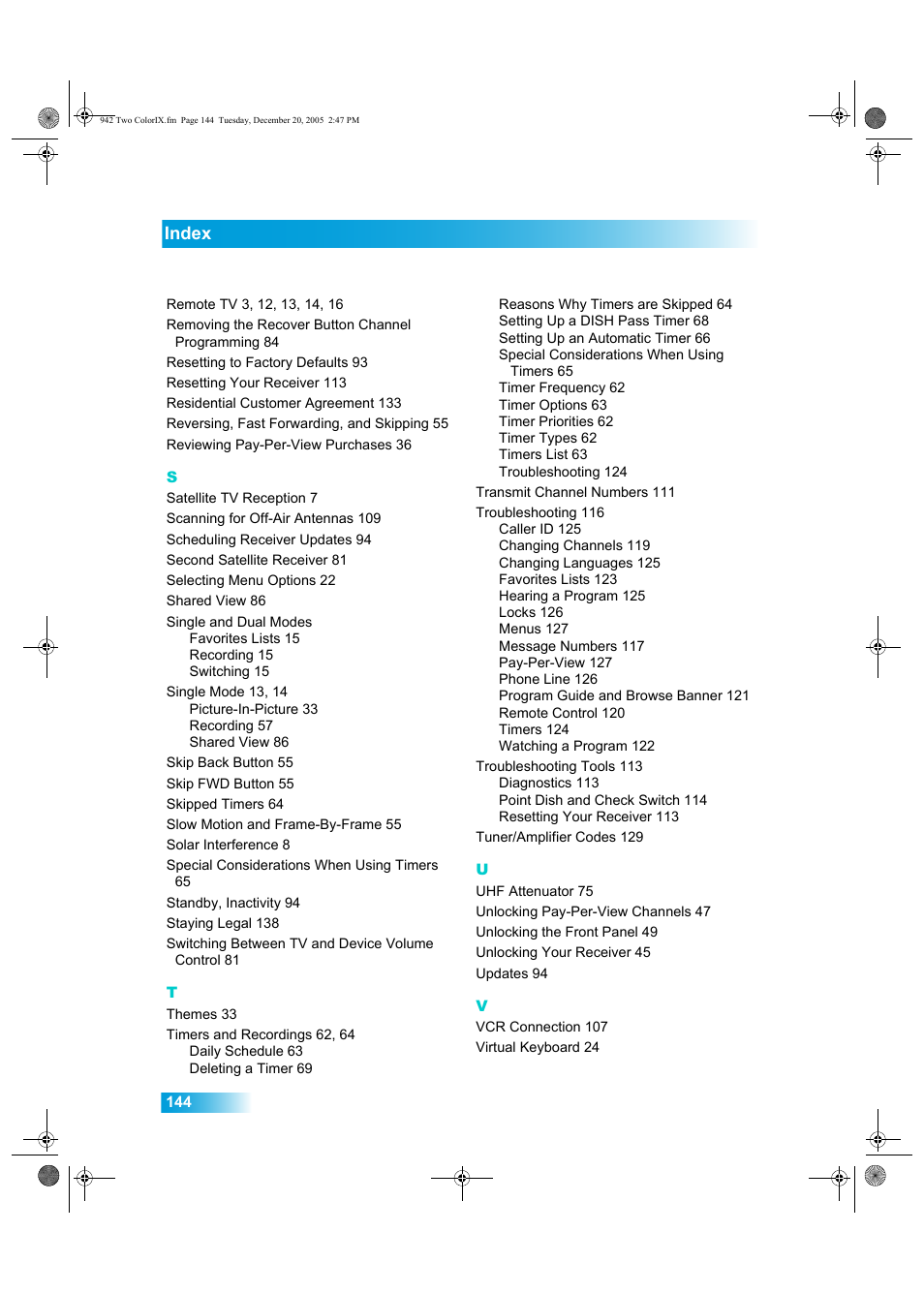 Index | Dish Network DuoDVR ViP 622 User Manual | Page 151 / 154