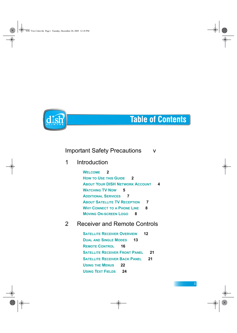 Table_of_contents_&_safety, Important safety precautions v 1 introduction, 2receiver and remote controls | Dish Network DuoDVR ViP 622 User Manual | Page 2 / 154
