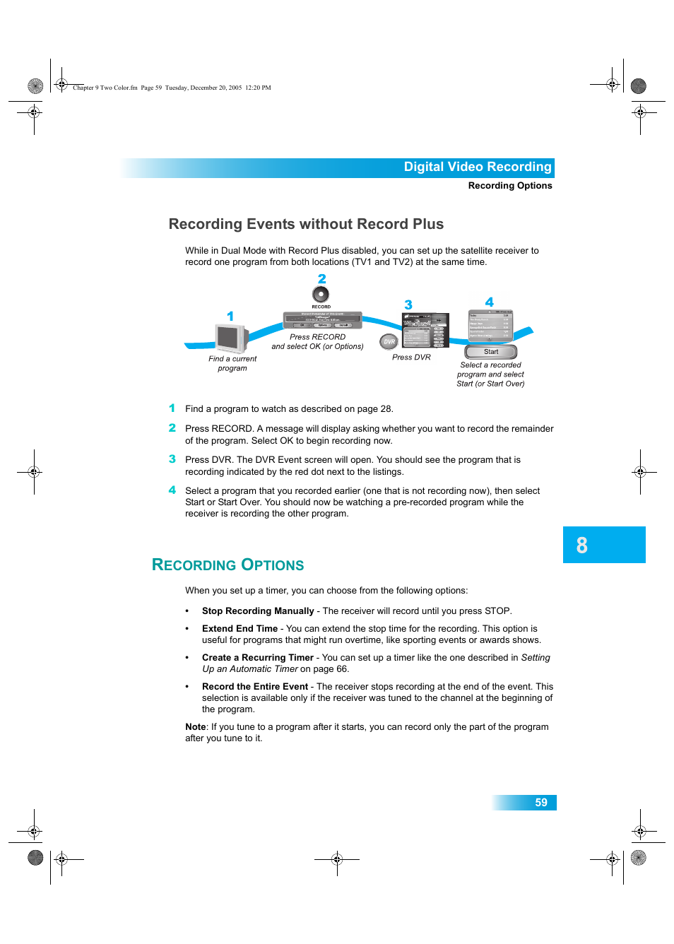 Ecording, Ptions, Recording events without record plus | Dish Network DuoDVR ViP 622 User Manual | Page 66 / 154