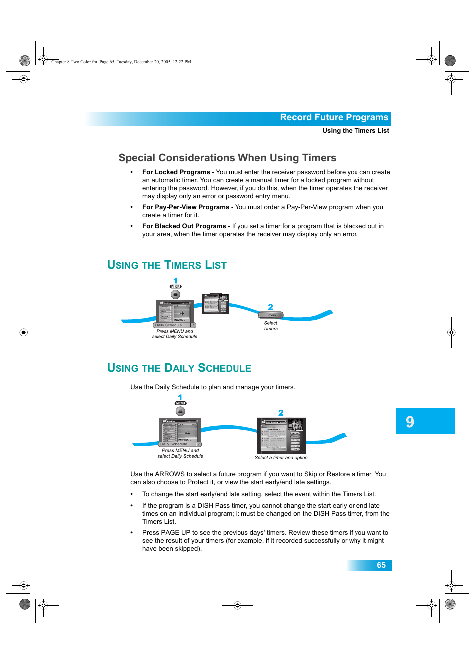 Sing, Imers, Aily | Chedule, Special considerations when using timers | Dish Network DuoDVR ViP 622 User Manual | Page 72 / 154