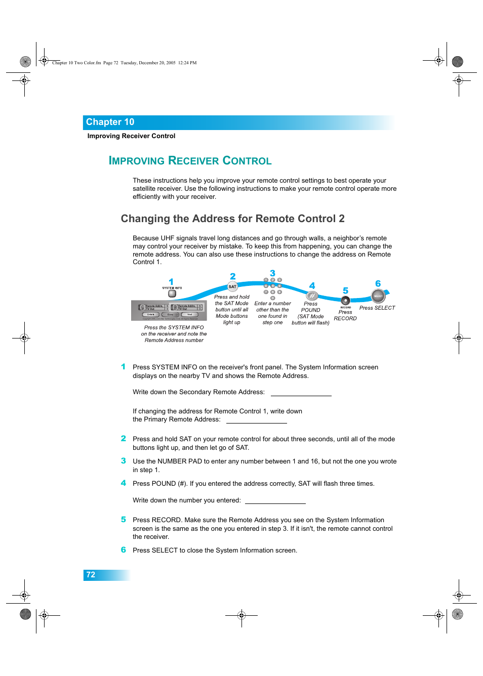 Mproving, Eceiver, Ontrol | Changing the address for remote control 2 | Dish Network DuoDVR ViP 622 User Manual | Page 79 / 154