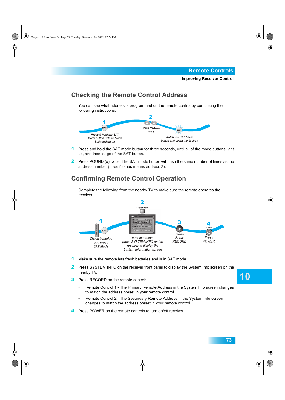 Checking the remote control address, Confirming remote control operation, Remote controls | Dish Network DuoDVR ViP 622 User Manual | Page 80 / 154