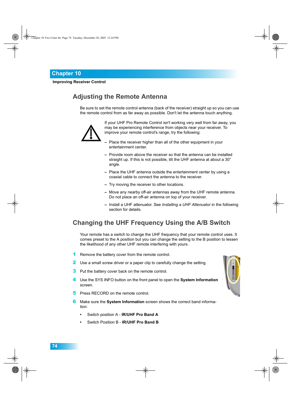 Adjusting the remote antenna, Changing the uhf frequency using the a/b switch, Chapter 10 | Dish Network DuoDVR ViP 622 User Manual | Page 81 / 154