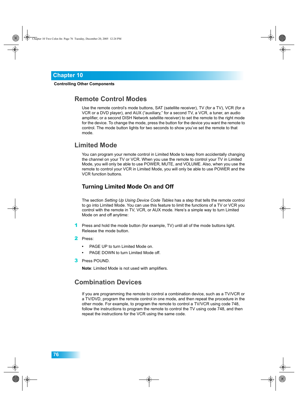 Remote control modes, Limited mode, Combination devices | Dish Network DuoDVR ViP 622 User Manual | Page 83 / 154