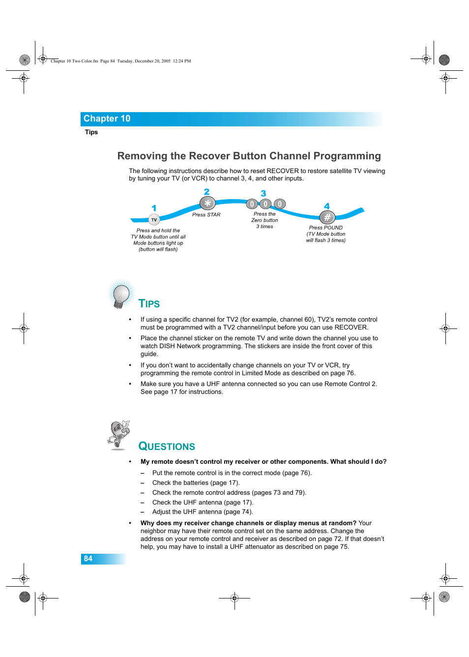 Removing the recover button channel programming, Uestions, Chapter 10 | Dish Network DuoDVR ViP 622 User Manual | Page 91 / 154
