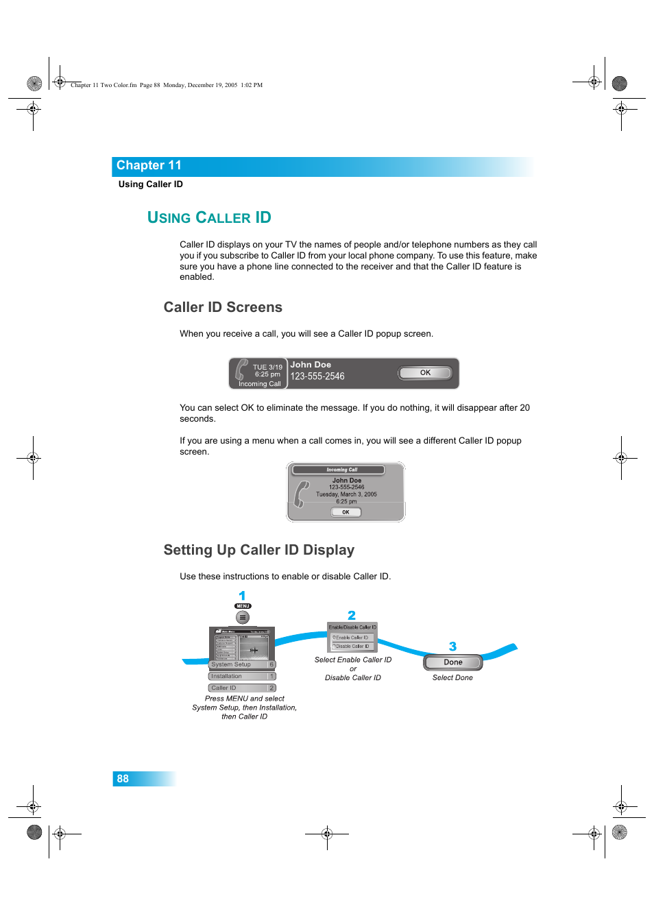 Sing, Aller, Caller id screens | Setting up caller id display | Dish Network DuoDVR ViP 622 User Manual | Page 95 / 154