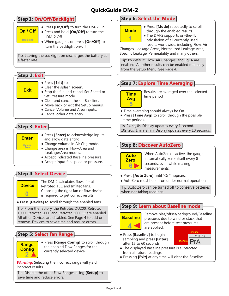 Quickguide dm-2, Step 8: discover autozero, Step 2: exit | Retrotec DM-2 Gauge User Manual | Page 2 / 4