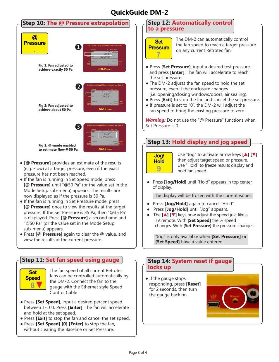 Quickguide dm-2, Step 14: system reset if gauge locks up, Step 13: hold display and jog speed | Retrotec DM-2 Gauge User Manual | Page 3 / 4