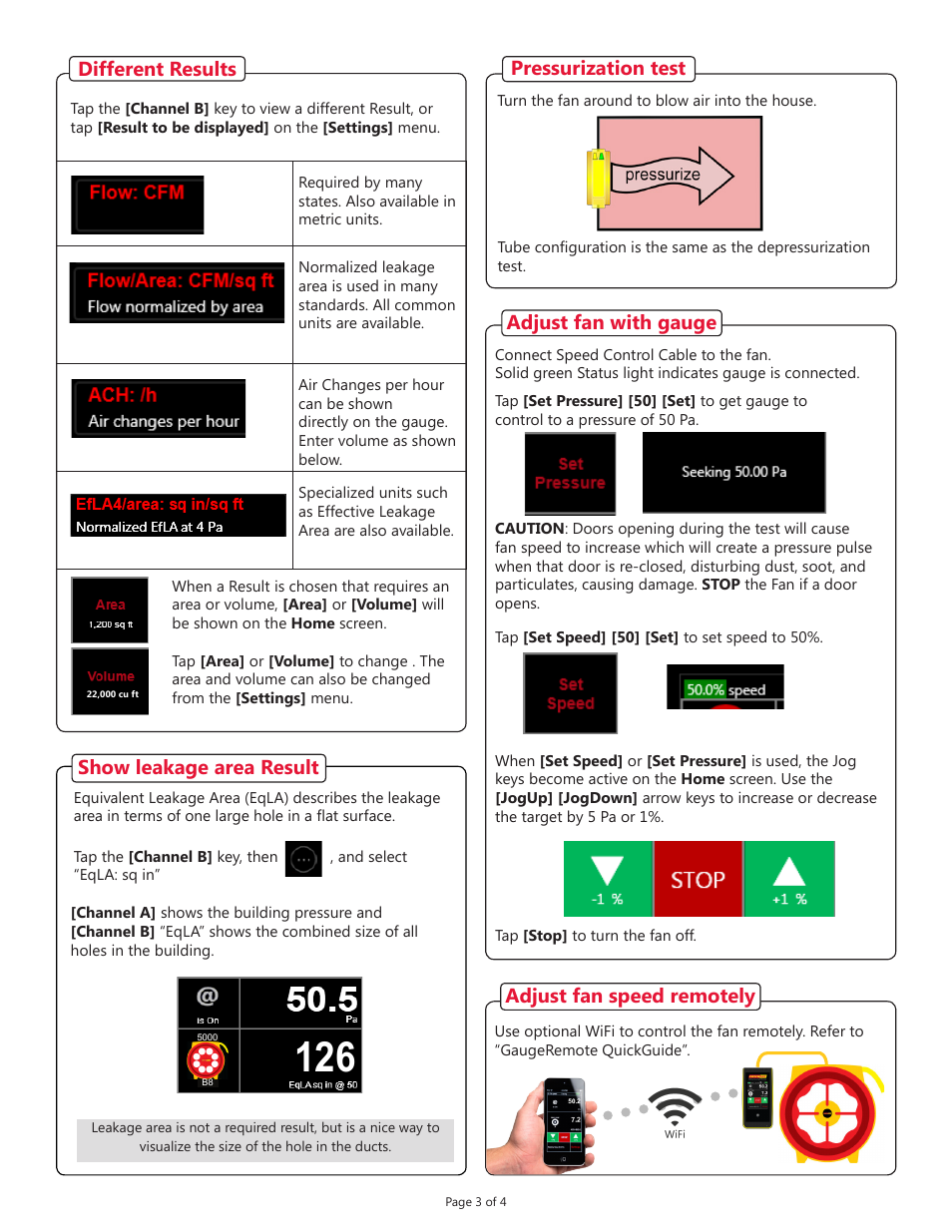 Show leakage area result, Pressurization test, Adjust fan with gauge | Adjust fan speed remotely, Different results | Retrotec 5000 Blower Door with DM32 User Manual | Page 3 / 4