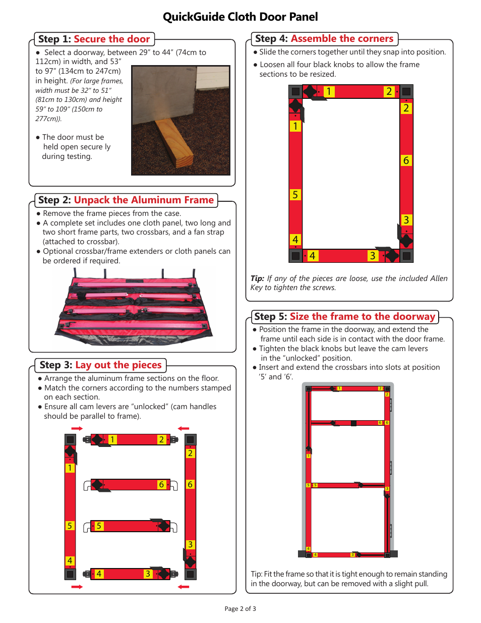 Quickguide cloth door panel, Step 1: secure the door, Step 2: unpack the aluminum frame | Step 3: lay out the pieces, Step 4: assemble the corners, Step 5: size the frame to the doorway | Retrotec Cloth Door Panel User Manual | Page 2 / 3