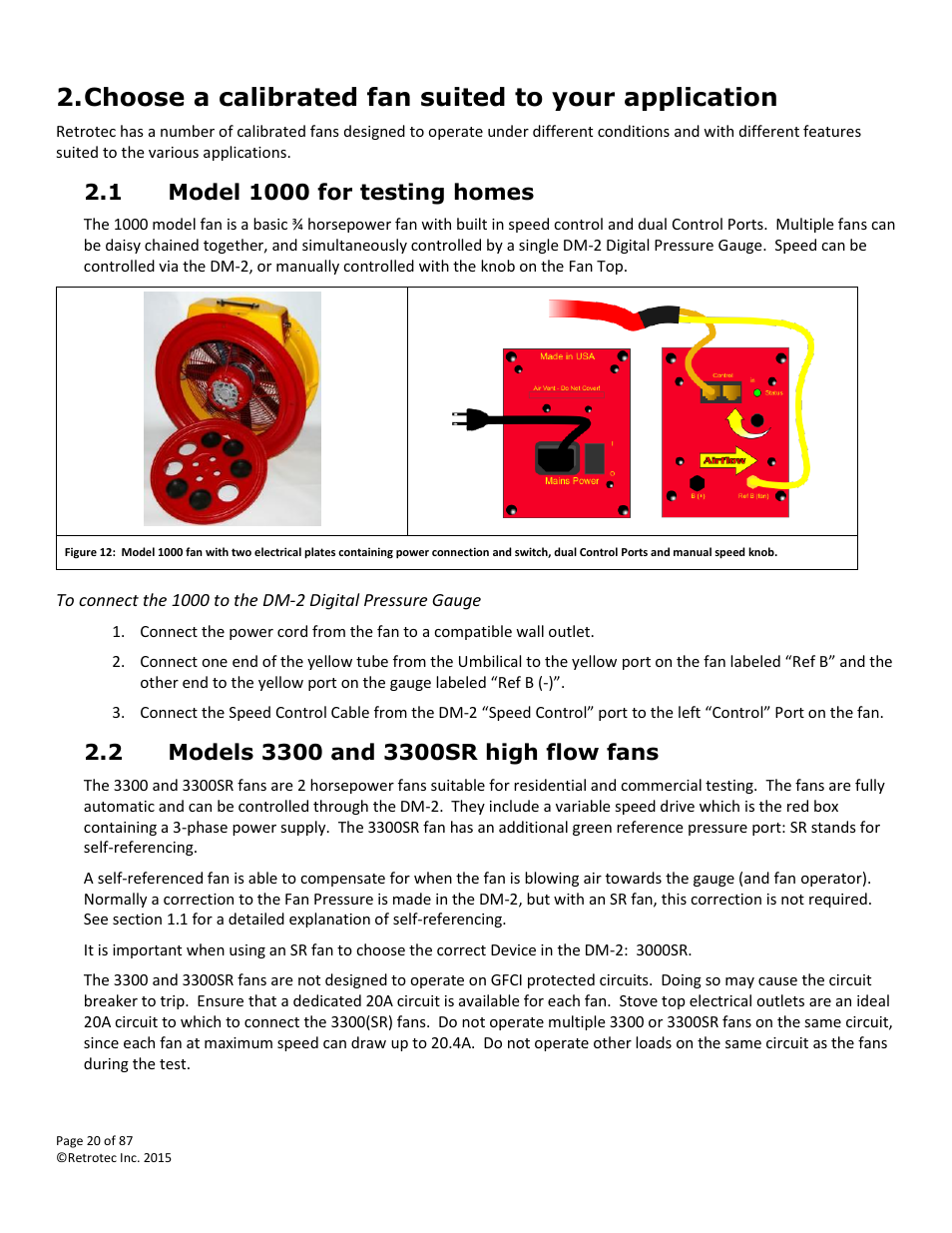 Choose a calibrated fan suited to your application, Model 1000 for testing homes, Models 3300 and 3300sr high flow fans | Retrotec Blower Door User Manual | Page 20 / 87