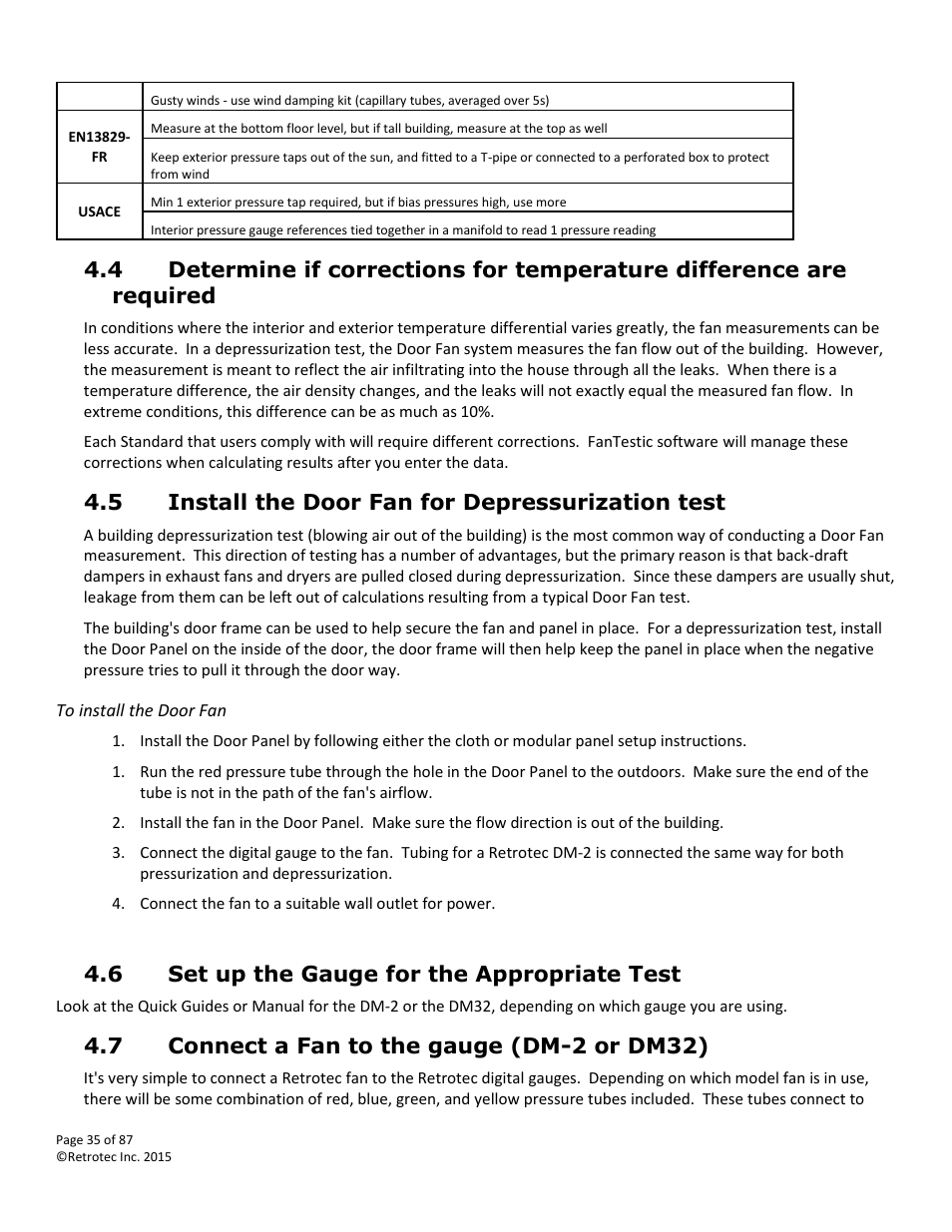 Install the door fan for depressurization test, Set up the gauge for the appropriate test, Connect a fan to the gauge (dm-2 or dm32) | 5 install the door fan for depressurization test, 6 set up the gauge for the appropriate test, 7 connect a fan to the gauge (dm-2 or dm32) | Retrotec Blower Door User Manual | Page 35 / 87