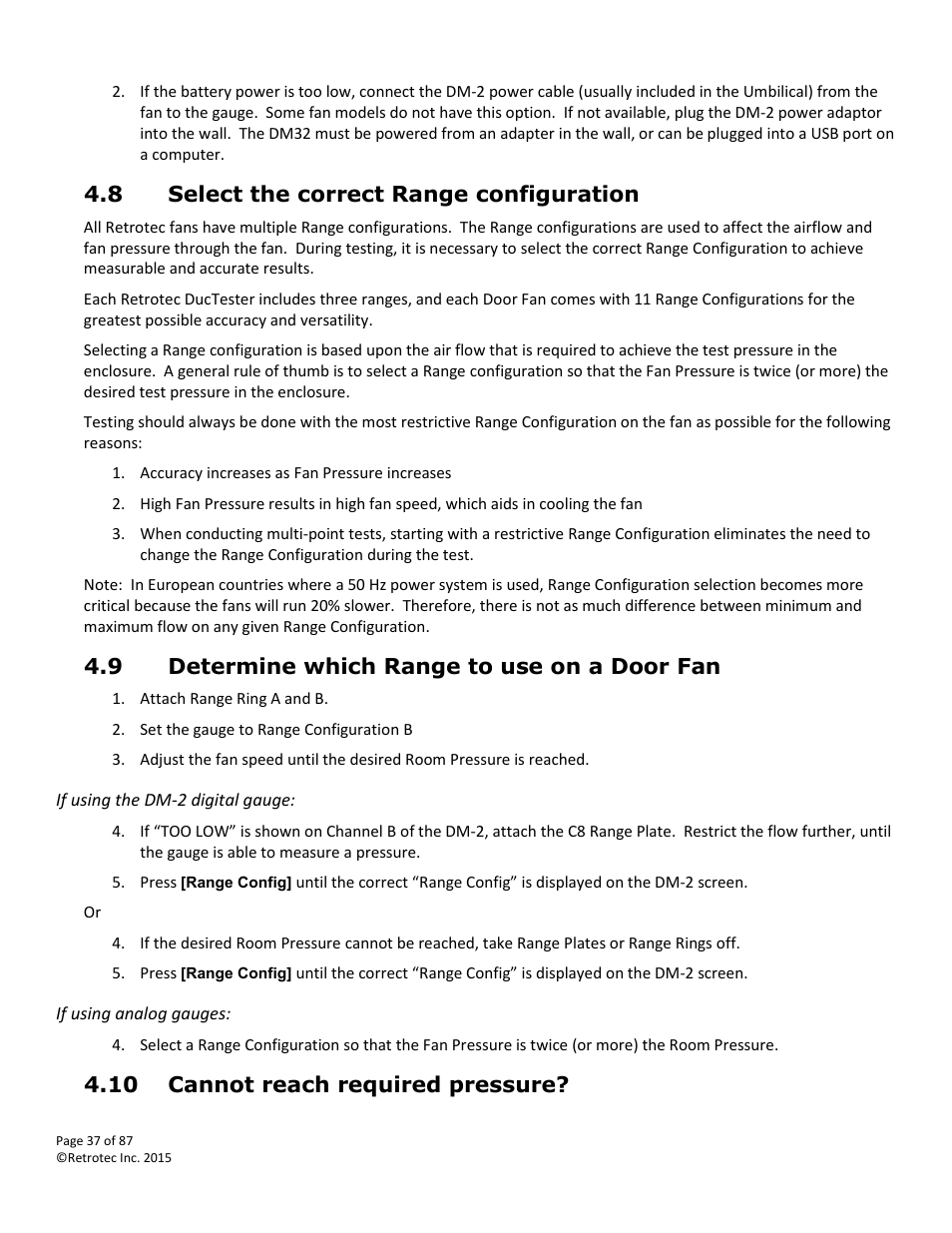 Select the correct range configuration, Determine which range to use on a door fan, Cannot reach required pressure | D 4.9, 8 select the correct range configuration, 9 determine which range to use on a door fan, 10 cannot reach required pressure | Retrotec Blower Door User Manual | Page 37 / 87