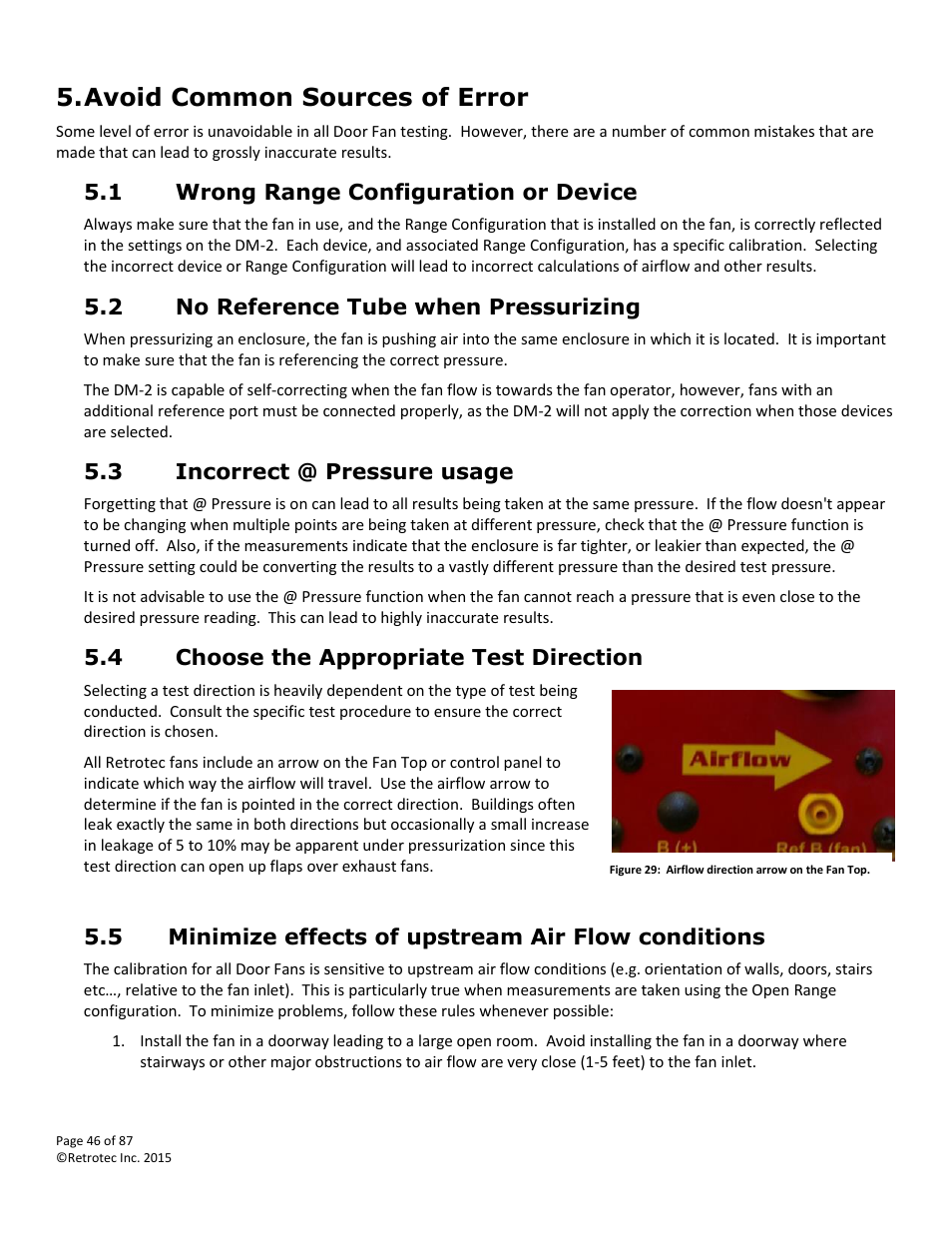 Avoid common sources of error, Wrong range configuration or device, No reference tube when pressurizing | Incorrect @ pressure usage, Choose the appropriate test direction, Minimize effects of upstream air flow conditions | Retrotec Blower Door User Manual | Page 46 / 87