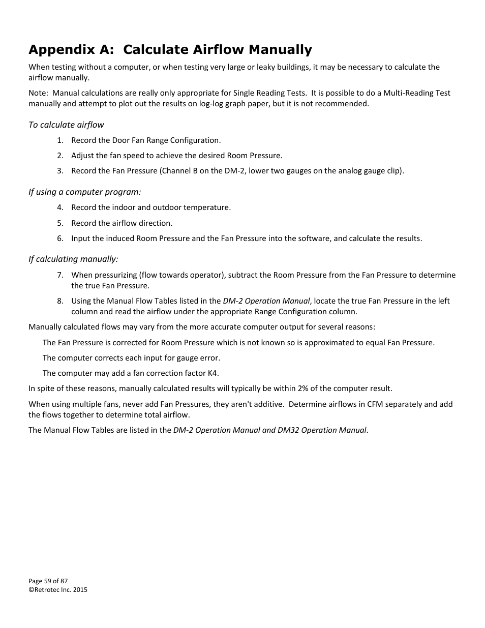 Appendix a: calculate airflow manually | Retrotec Blower Door User Manual | Page 59 / 87