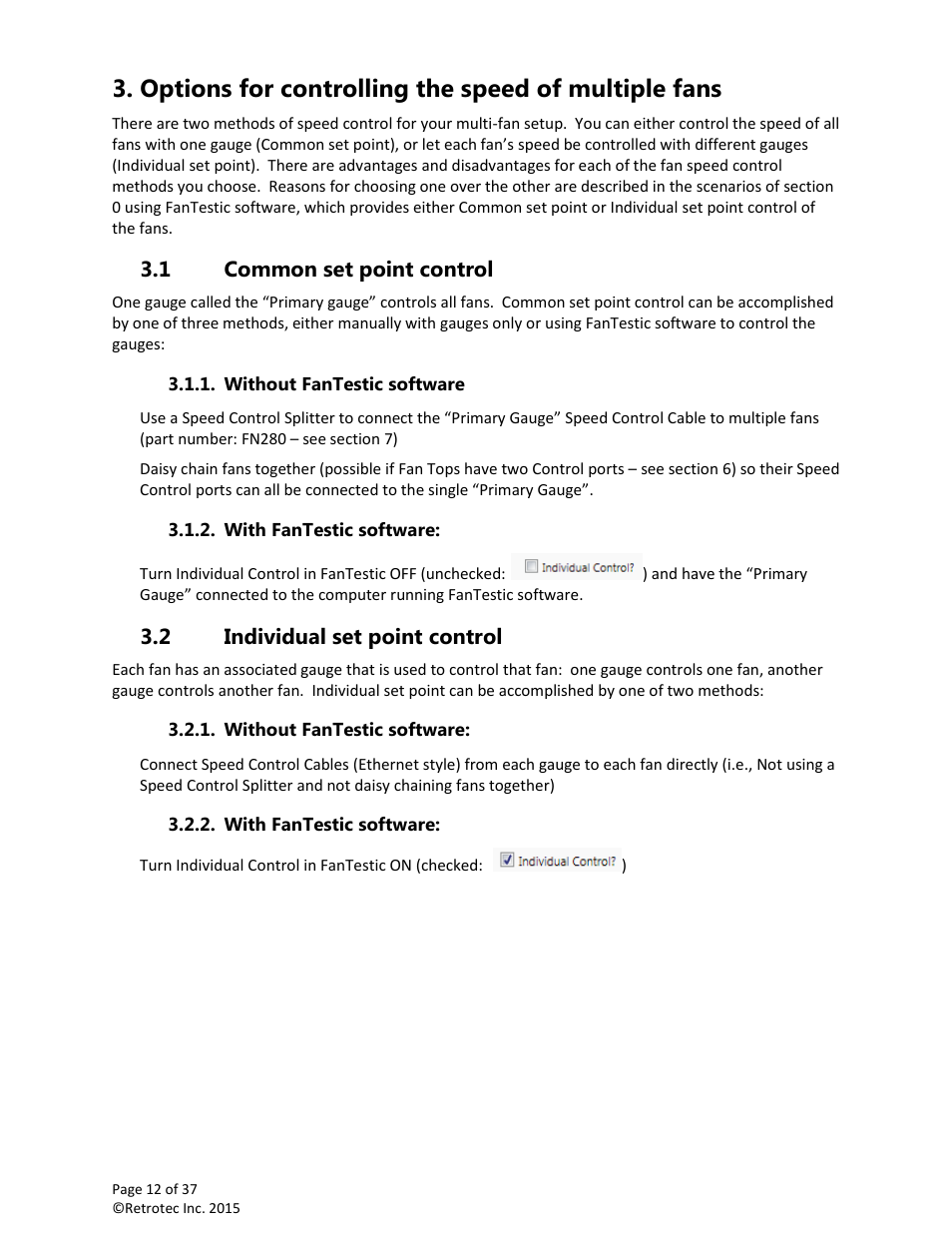 Options for controlling the speed of multiple fans, Common set point control, Without fantestic software | With fantestic software, Individual set point control | Retrotec Multi-Fan Blower Door User Manual | Page 12 / 37
