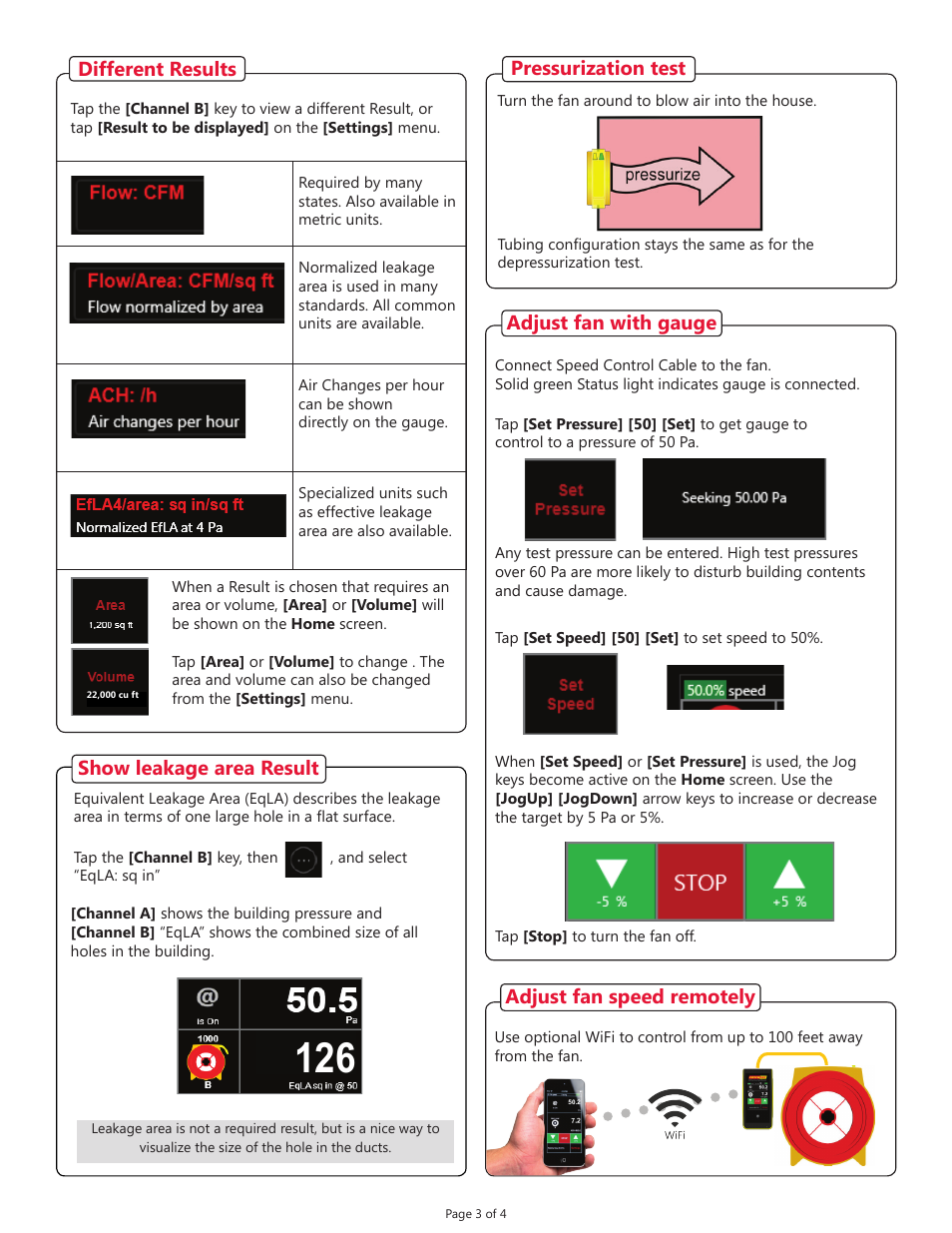 Show leakage area result, Pressurization test, Adjust fan with gauge | Adjust fan speed remotely, Different results | Retrotec Blower Door with DM32 User Manual | Page 3 / 4