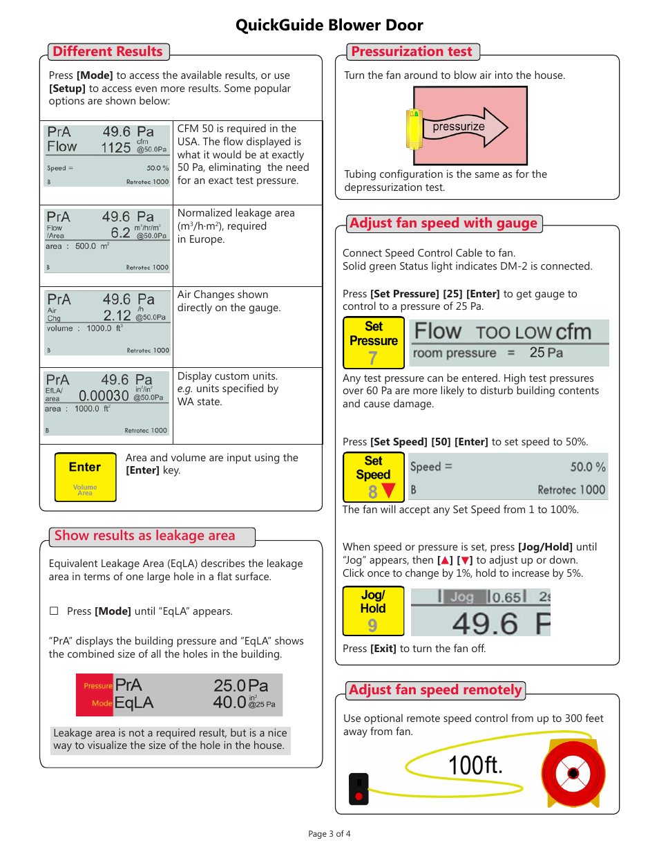 Quickguide blower door, Show results as leakage area, Pressurization test | Adjust fan speed with gauge, Adjust fan speed remotely, Different results | Retrotec Blower Door with DM-2 User Manual | Page 3 / 4