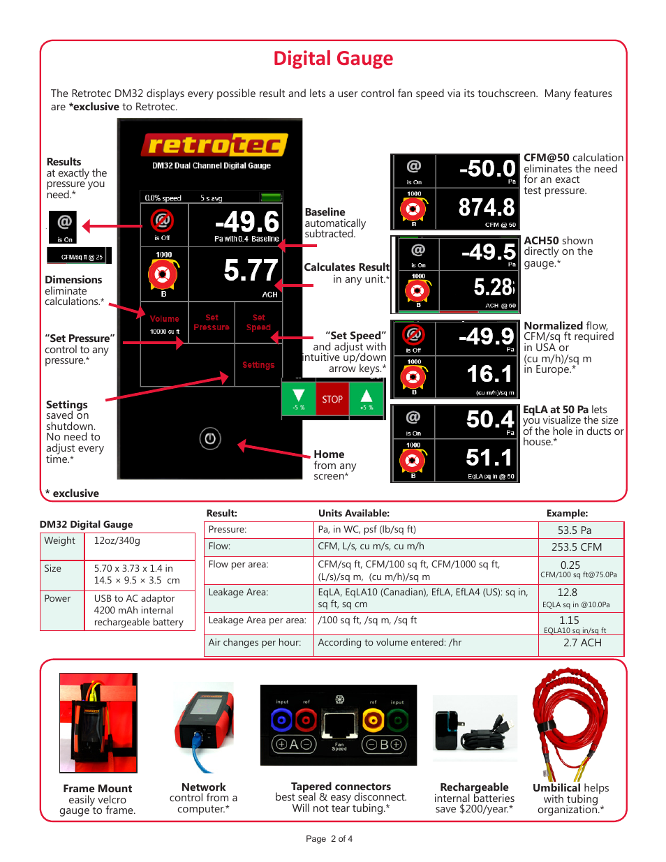 Digital gauge | Retrotec Spec-Blower Door 1000-SP110 User Manual | Page 2 / 4