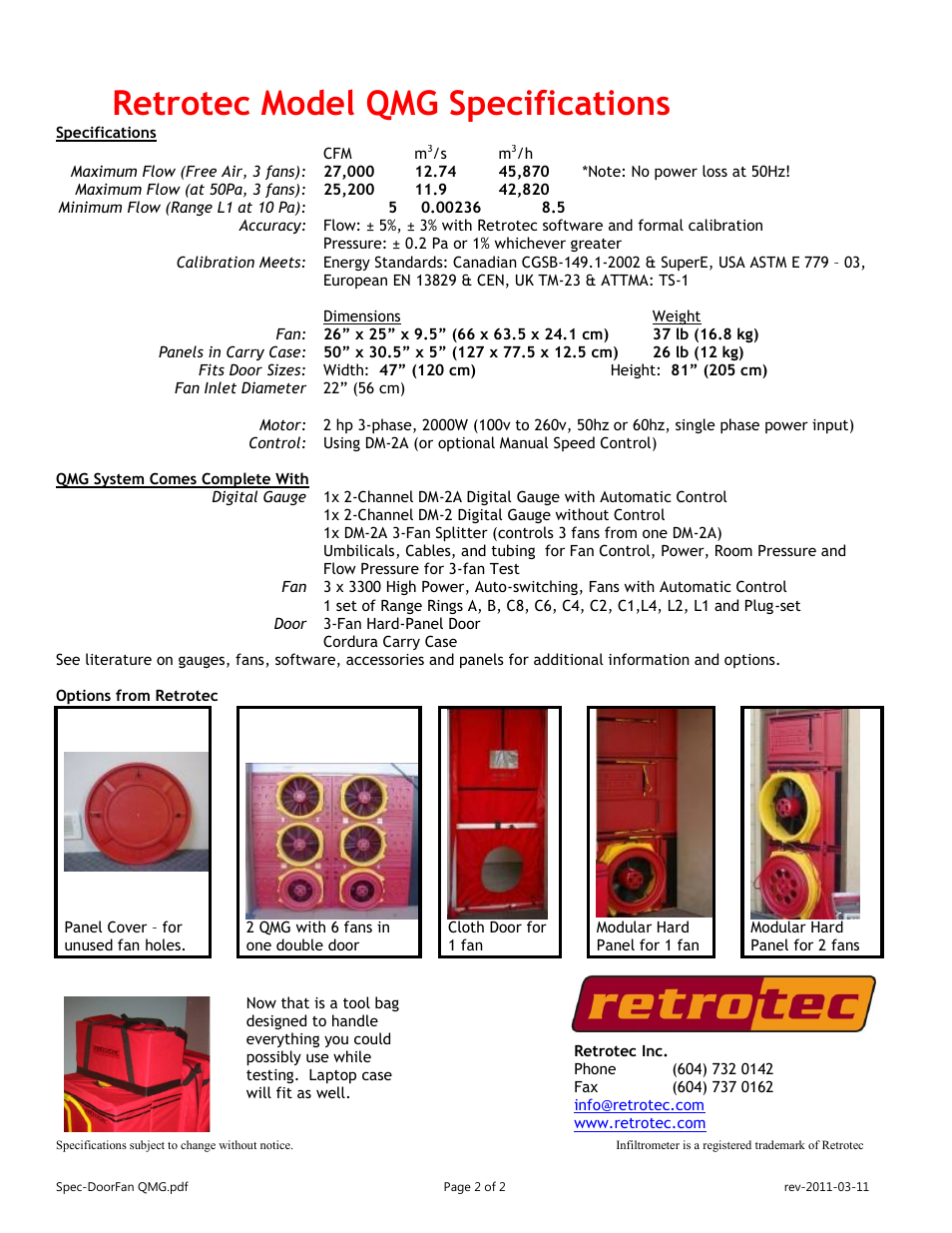 Retrotec model qmg specifications | Retrotec Blower Door Triple Fan System User Manual | Page 2 / 2