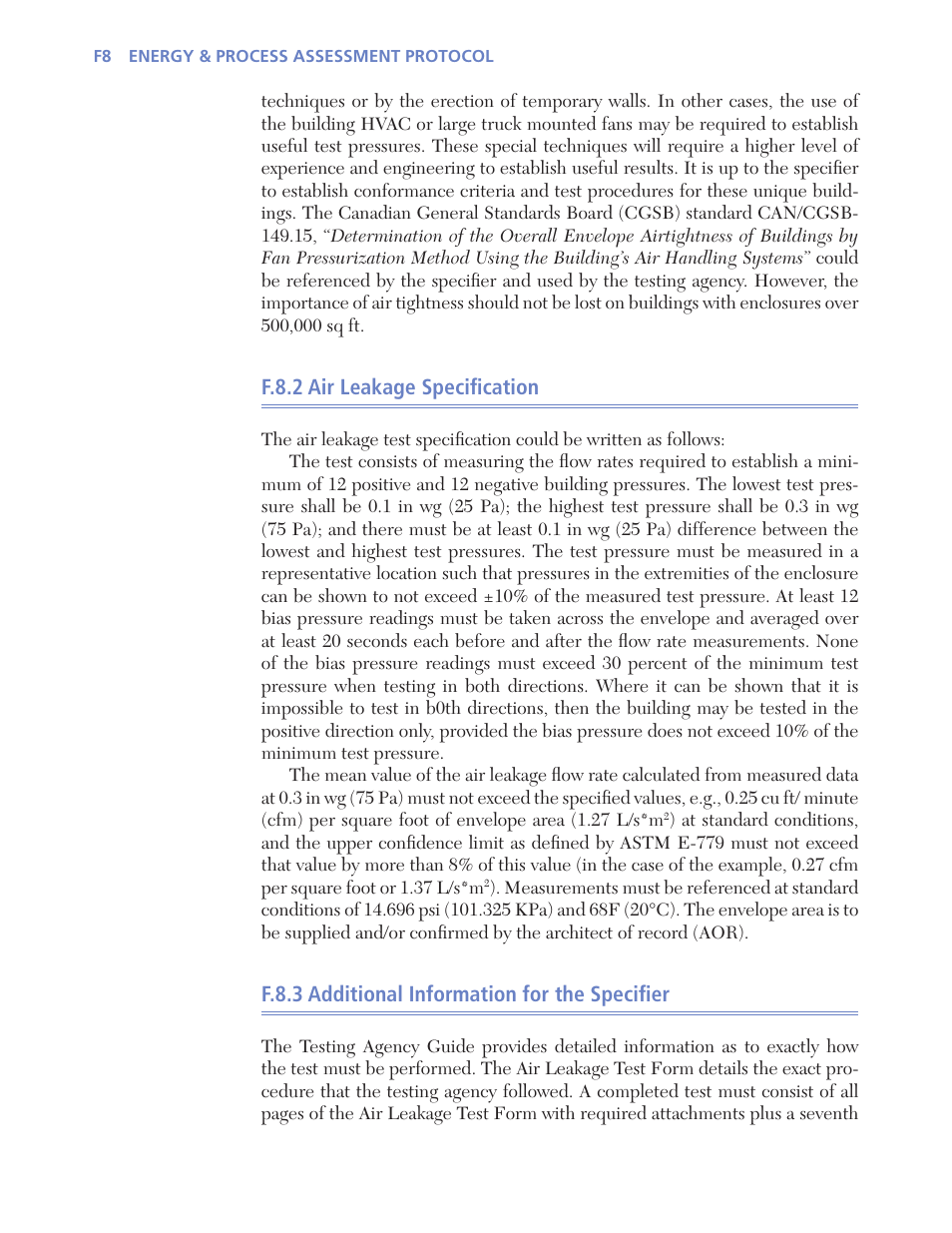 F.8.2 air leakage specifi cation, F.8.3 additional information for the specifi er | Retrotec USACE User Manual | Page 302 / 468