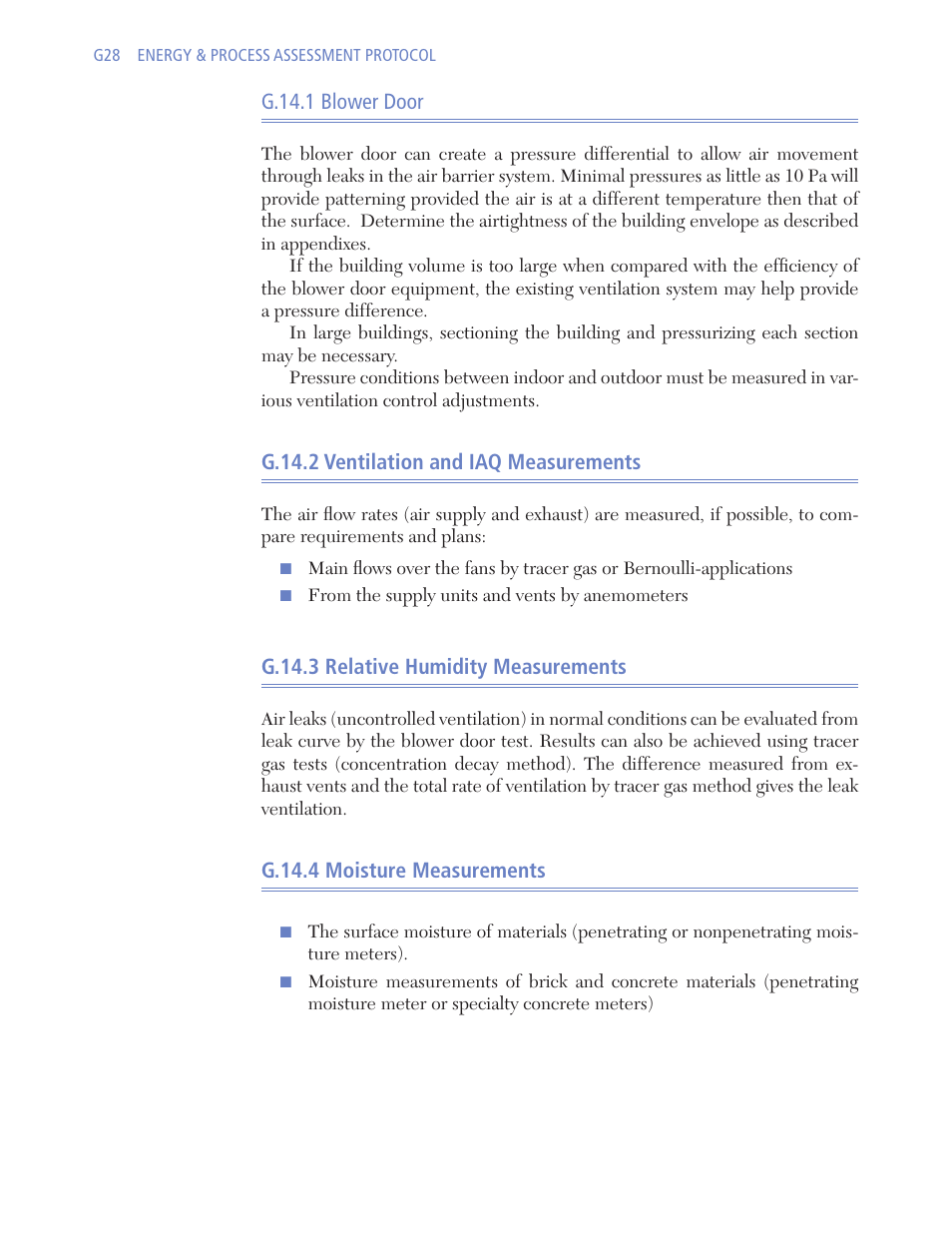 G.14.1 blower door, G.14.2 ventilation and iaq measurements, G.14.3 relative humidity measurements | G.14.4 moisture measurements | Retrotec USACE User Manual | Page 358 / 468