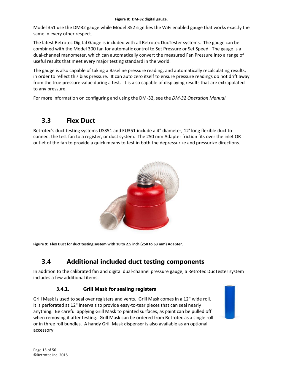 Flex duct, Additional included duct testing components, Grill mask for sealing registers | 3 flex duct, 4 additional included duct testing components | Retrotec Commercial 441 and 451 DucTester User Manual | Page 15 / 56