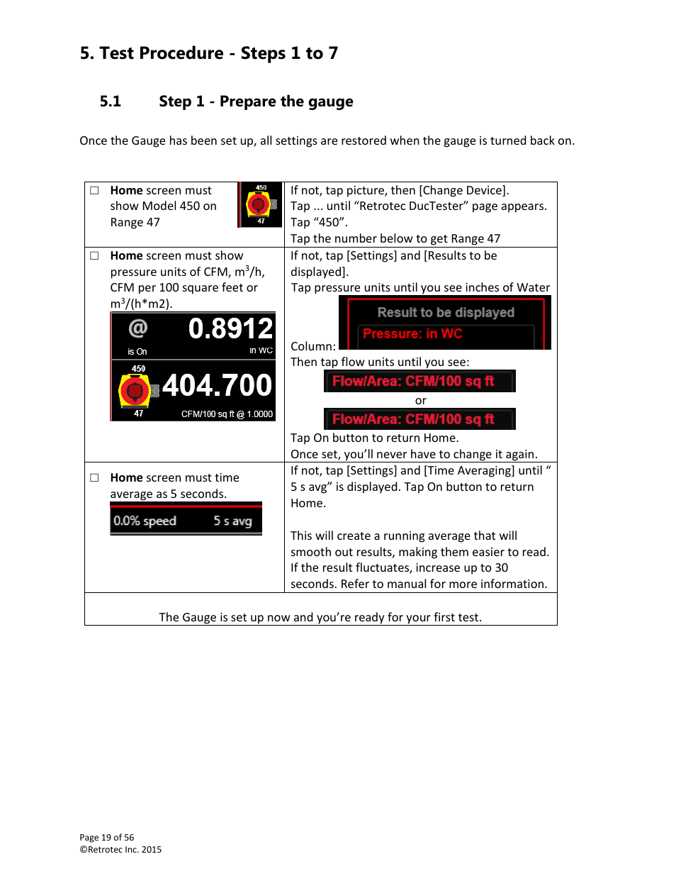 Test procedure - steps 1 to 7, Step 1 - prepare the gauge, 1 step 1 - prepare the gauge | Retrotec Commercial 441 and 451 DucTester User Manual | Page 19 / 56