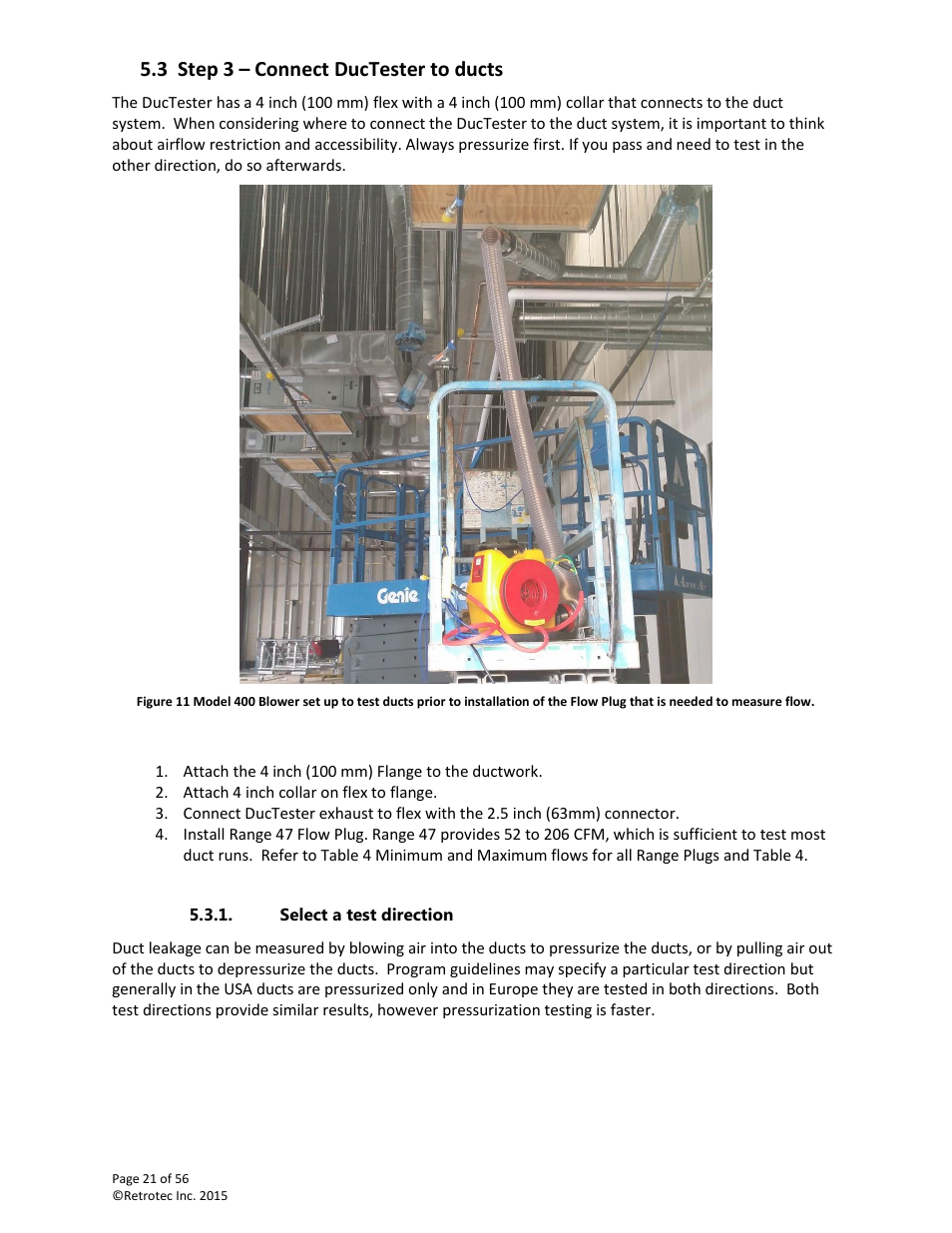 Step 3 – connect ductester to ducts, Select a test direction, 3 step 3 – connect ductester to ducts | Retrotec Commercial 441 and 451 DucTester User Manual | Page 21 / 56