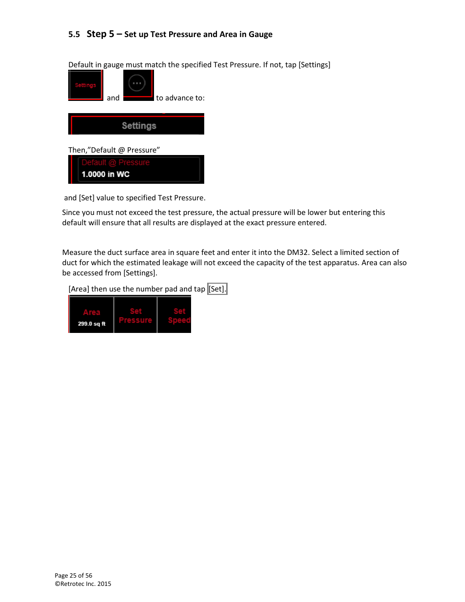 Step 5 – set up test pressure and area in gauge, Step 5 | Retrotec Commercial 441 and 451 DucTester User Manual | Page 25 / 56