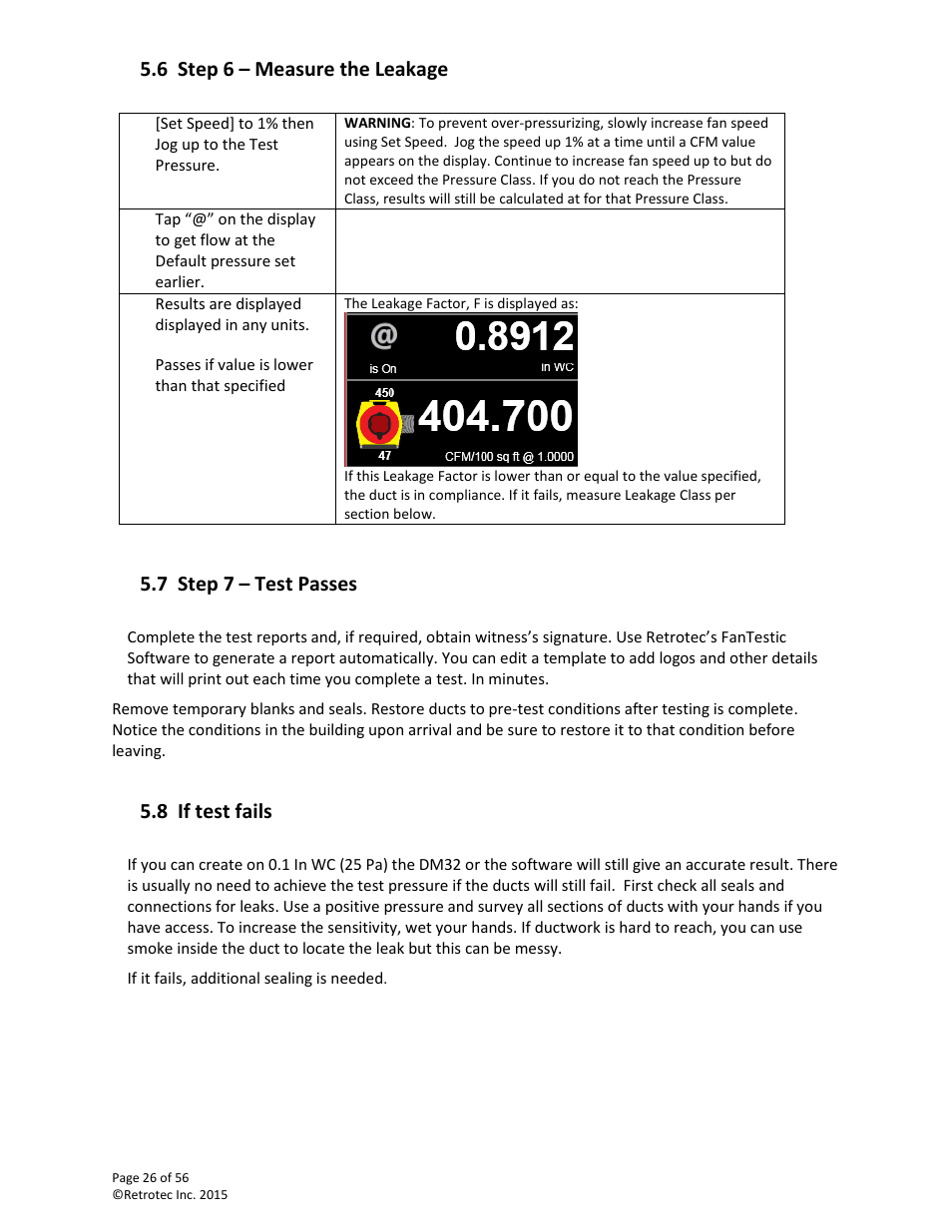 Step 6 – measure the leakage, Step 7 – test passes, If test fails | 6 step 6 – measure the leakage, 7 step 7 – test passes, 8 if test fails | Retrotec Commercial 441 and 451 DucTester User Manual | Page 26 / 56