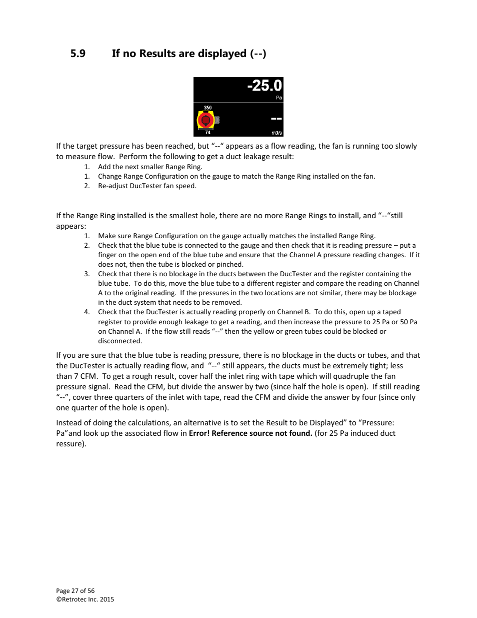 If no results are displayed (--), 9 if no results are displayed (--) | Retrotec Commercial 441 and 451 DucTester User Manual | Page 27 / 56