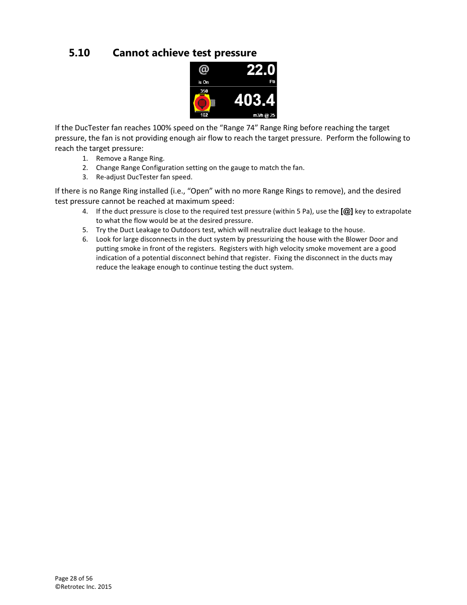 Cannot achieve test pressure, 10 cannot achieve test pressure | Retrotec Commercial 441 and 451 DucTester User Manual | Page 28 / 56